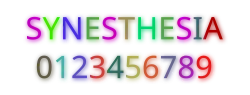 Picture of the word "synesthesia" and several numbers color-coded in a way a synesthete may see them.