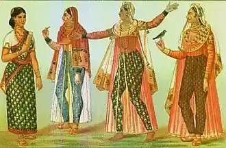 19th century painting of Indian women wearing transparent skirts over churidar pants