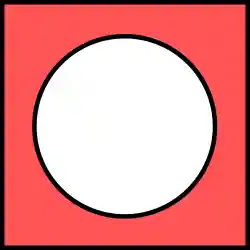 An unfilled circle inside a square. The area inside the square not covered by the circle is filled with red. The borders of both the circle and the square are black.