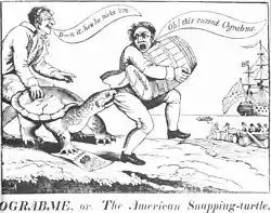 A turtle biting a man carrying a barrel to a waiting ship