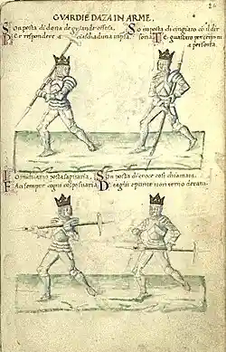 Illustration of two men in armor fighting with poleaxes and taunting one another (in french).