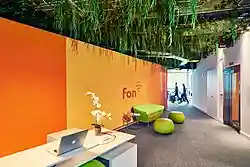 The entrance to Fon's bright HQ in Madrid