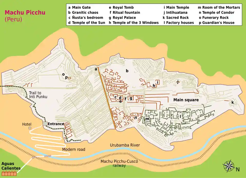 Site map of Machu Picchu with its two main sectors (agricultural and urban)