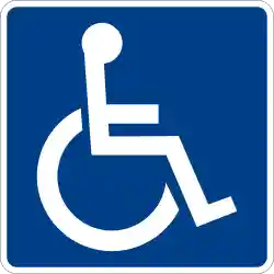 White line figure of a person seated over the axis of a wheel on blue background