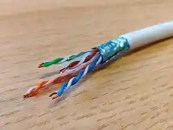 A picture of an unterminated cable, showing four twisted pairs of wires
