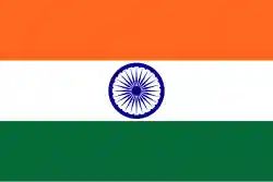 Horizontal tricolour flag bearing, from top to bottom, deep saffron, white, and green horizontal bands. In the centre of the white band is a navy-blue wheel with 24 spokes.