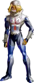 Artwork of Sheik wearing a mask and a blue and white unitard