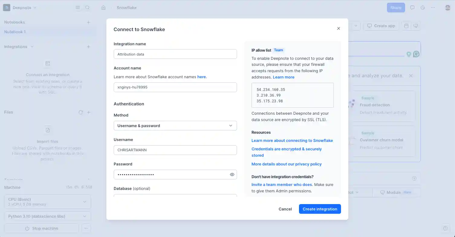 Using Snowflake with username and password