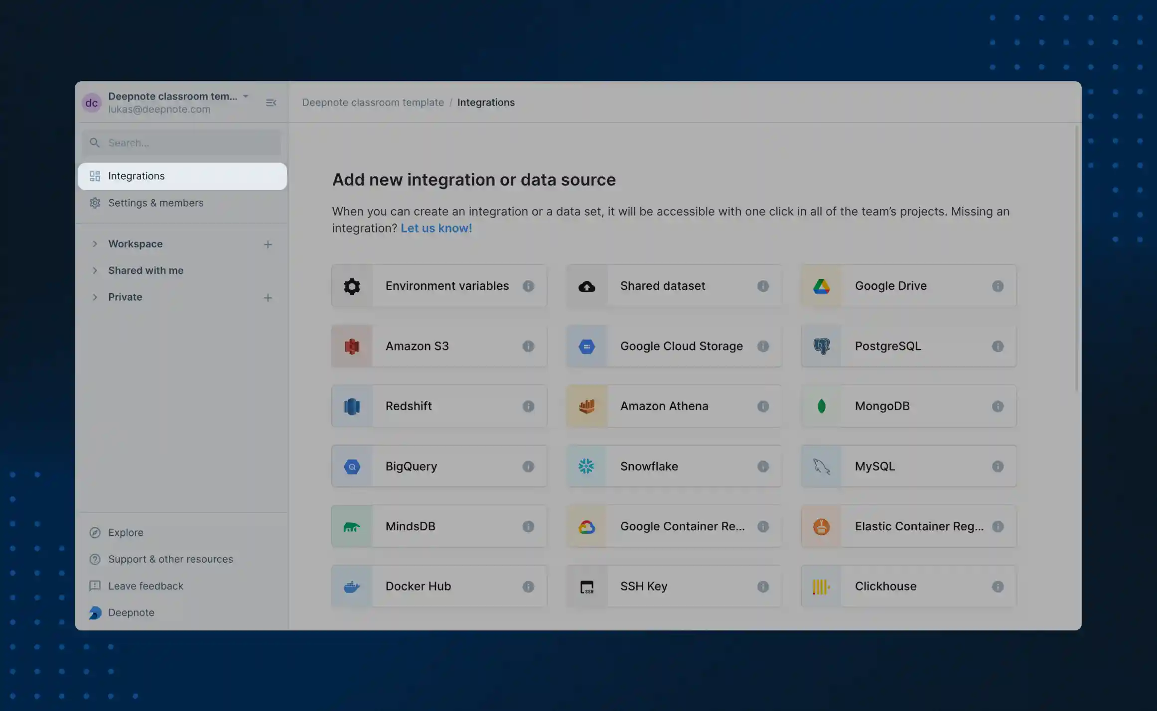 Opening the integrations overview in Deepnote