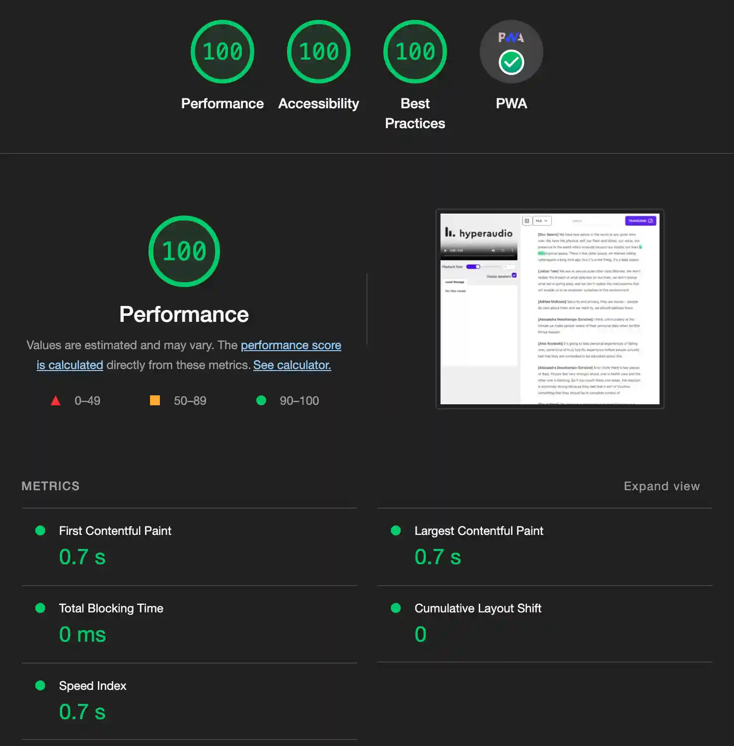 Chrome Lighthouse showing maximum accessibility, performance and best practice scores