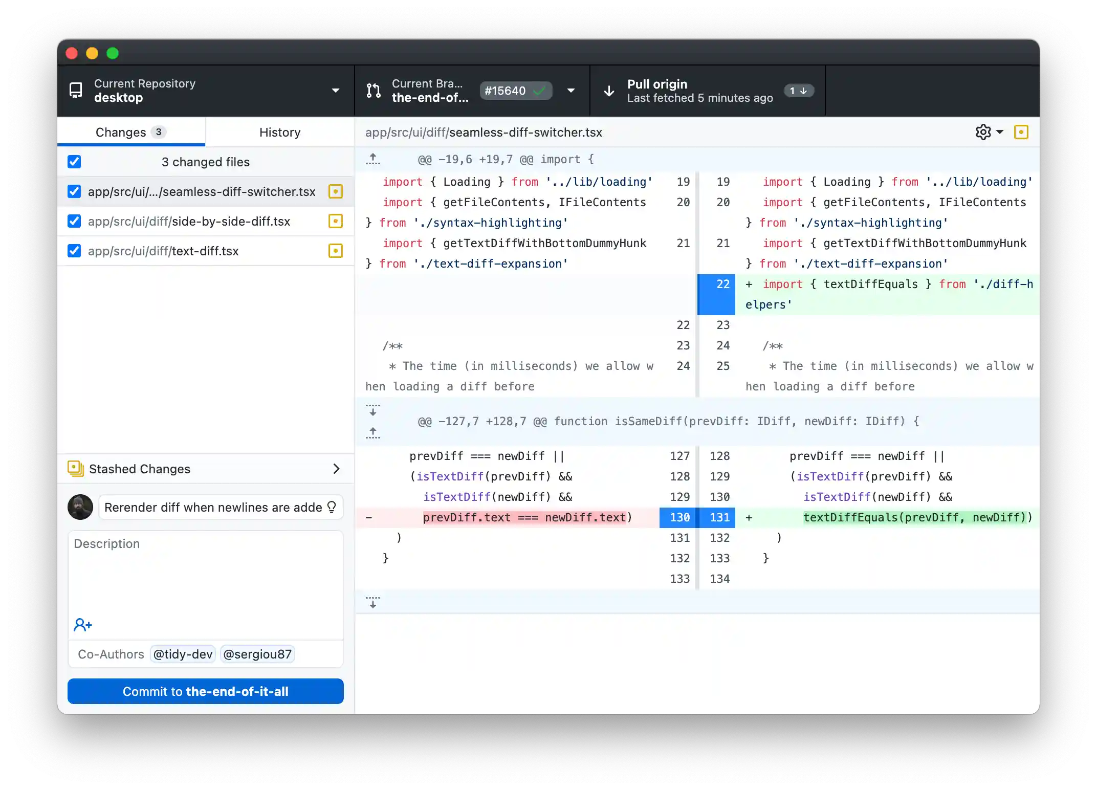 A screenshot of the GitHub Desktop application showing changes being viewed and committed with two attributed co-authors