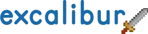 An illustration of the Excalibur.js logo, the word "Excalibur" and a pixelated sword