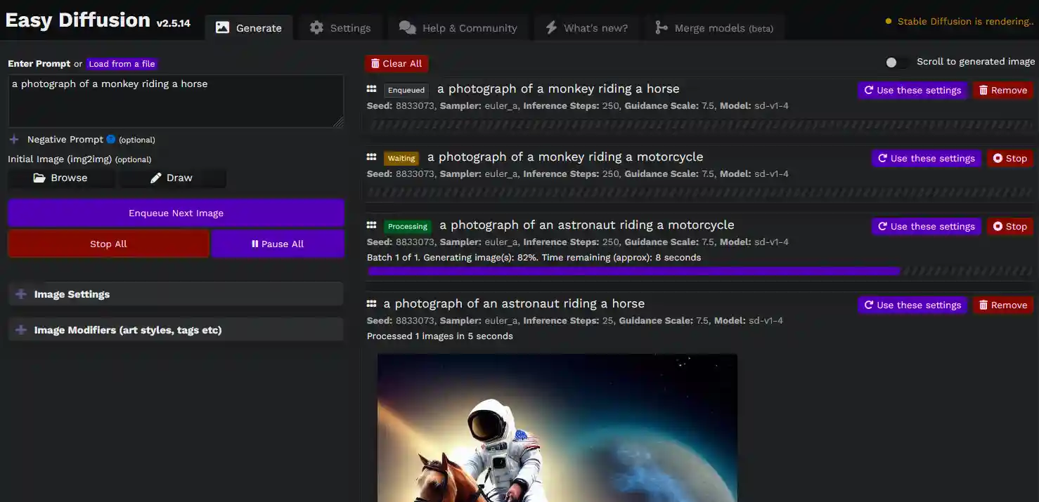 Screenshot of task queue