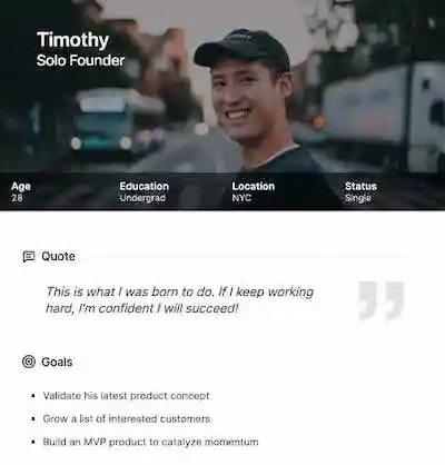 User persona created with Userforge — example persona profile with goals, frustrations, and demographics