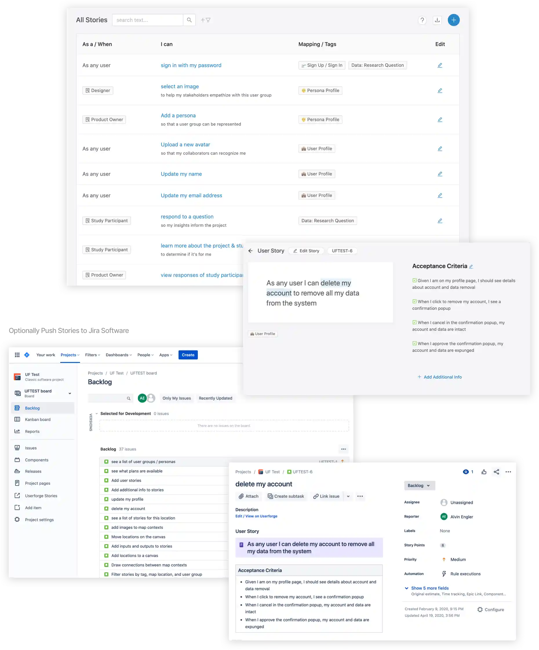 User stories table in Userforge