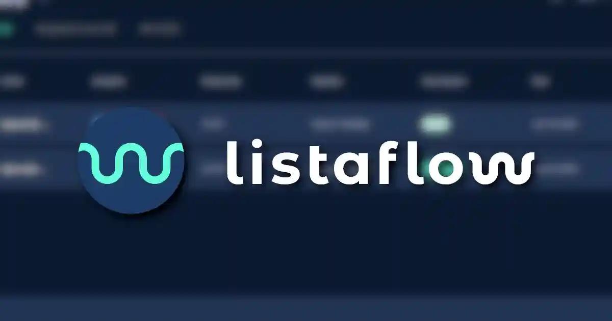 An image of the Listaflow logo with a blurred screenshot of the application behind it.