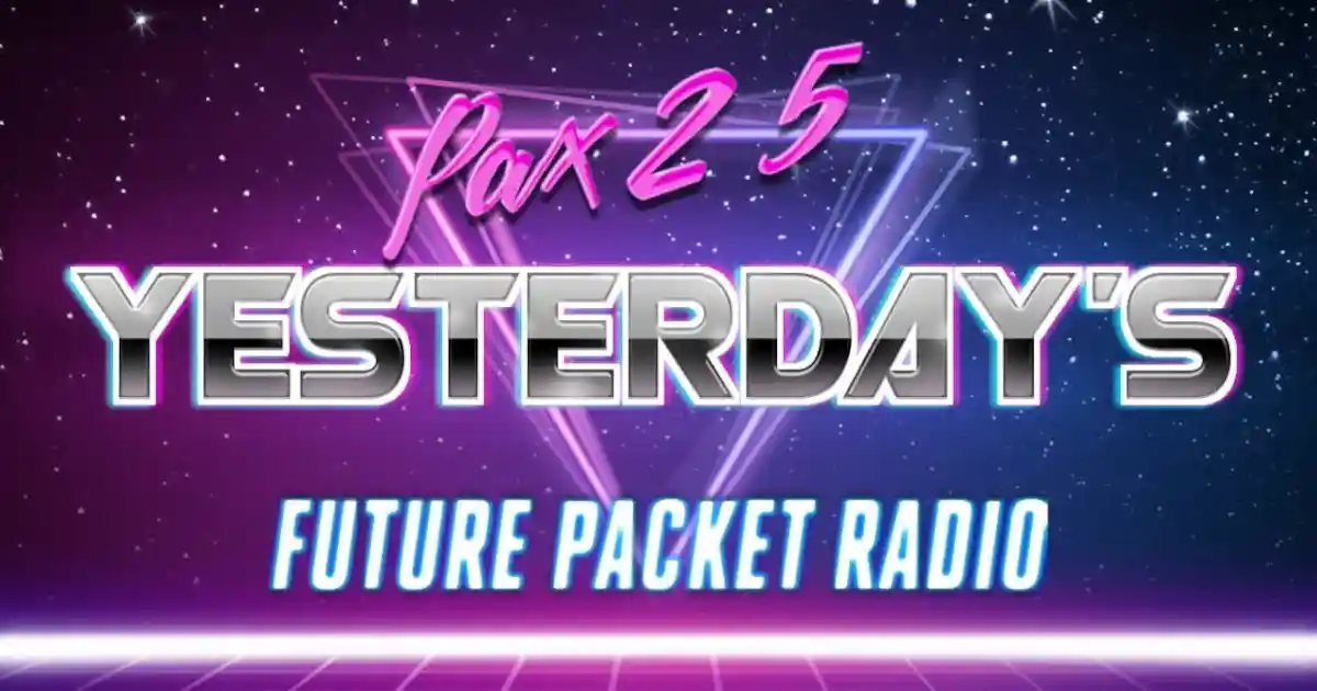 A Retrowave rendering of the text 'Pax25, Yesterday's Future Packet Radio'