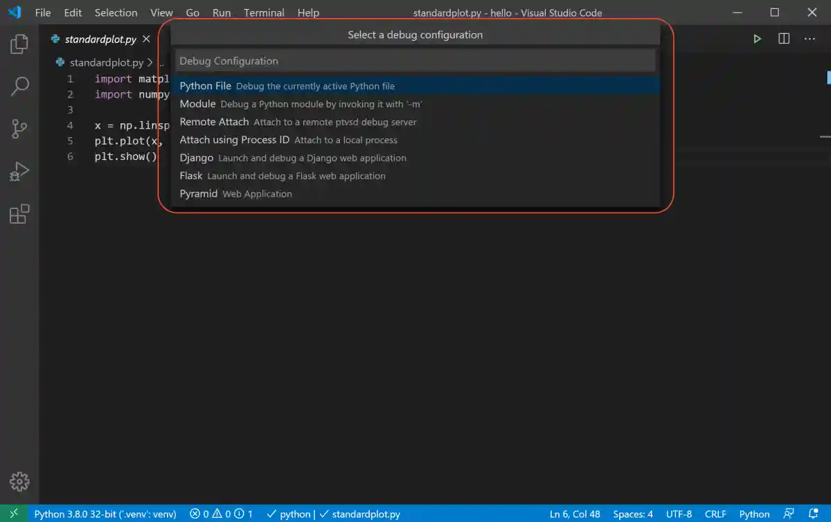 Debug configurations menu