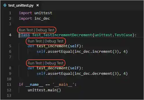 Test adornments that appear in the VS Code editor for unittest code