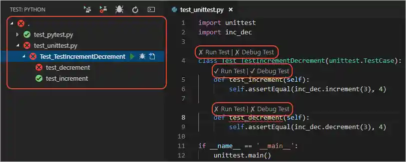 Test results on a unittest class and in Test Explorer