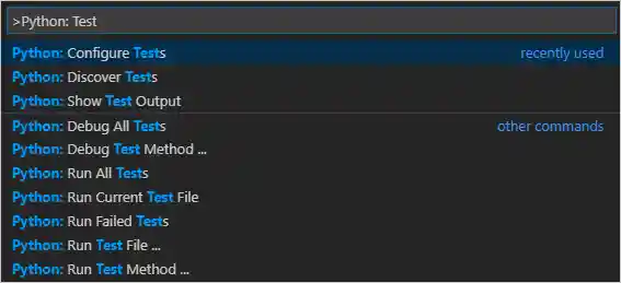 Python testing commands on the Command Palette