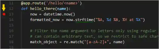 Flask tutorial: a breakpoint set on the first line of the hello_there function