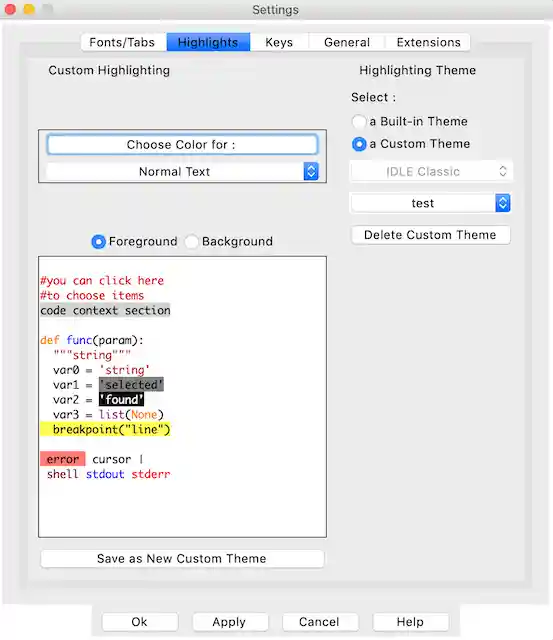 shows the syntax highlighting customization pane
