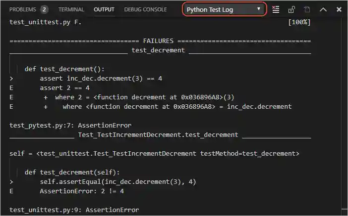 Test results in the Python Test Log output panel