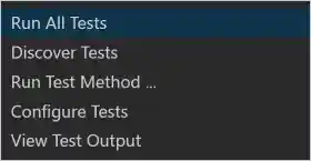 Test commands that appear after using the Run Tests status bar command