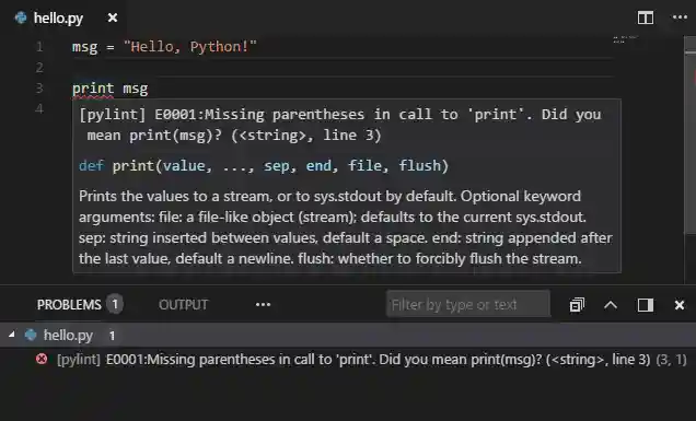 Linting messages in the editor and the Problems panel