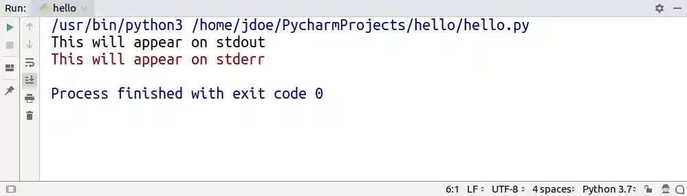 The output of a program executed in PyCharm