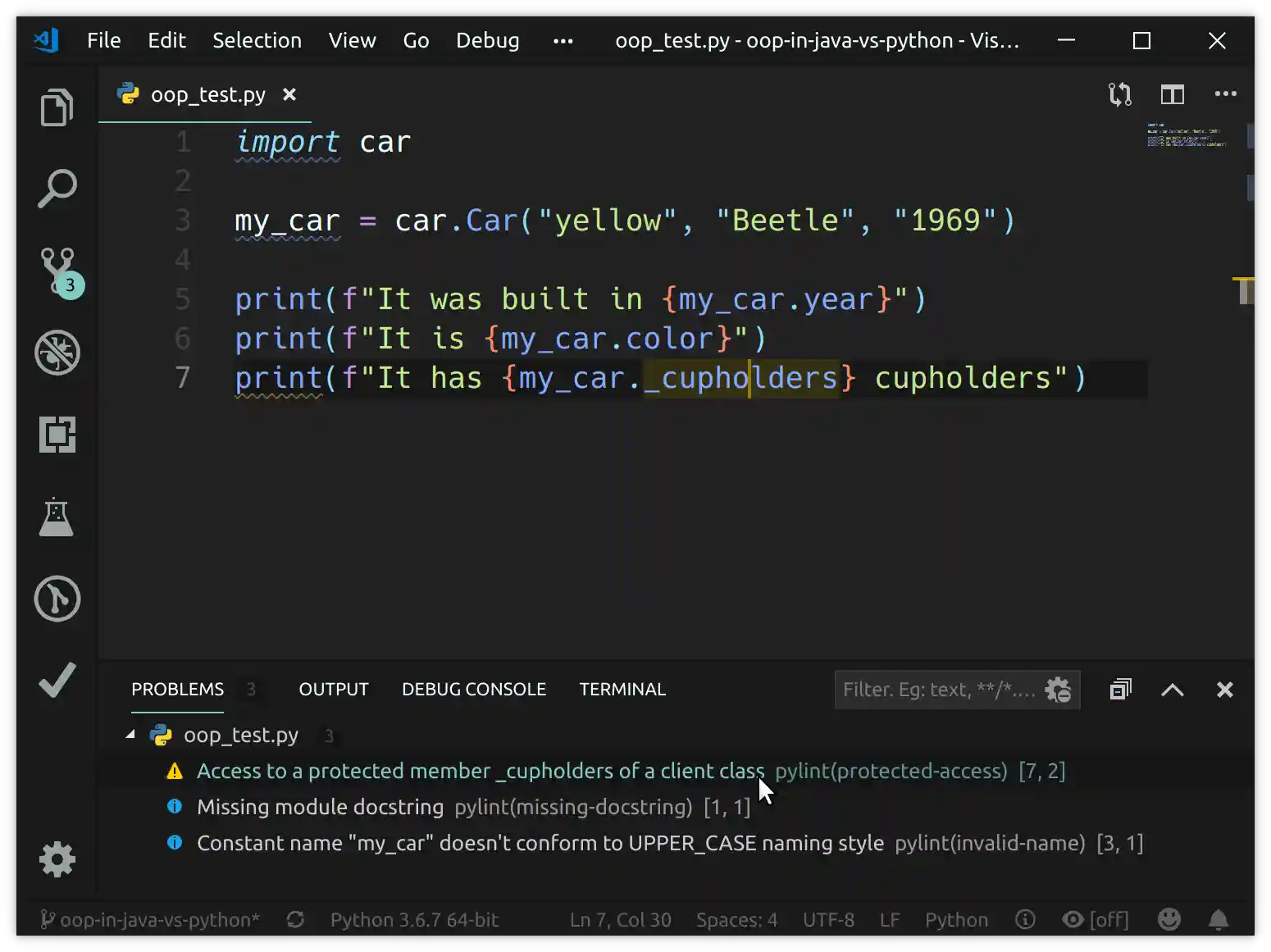Linter highlighting a PEP8 issue in Python.