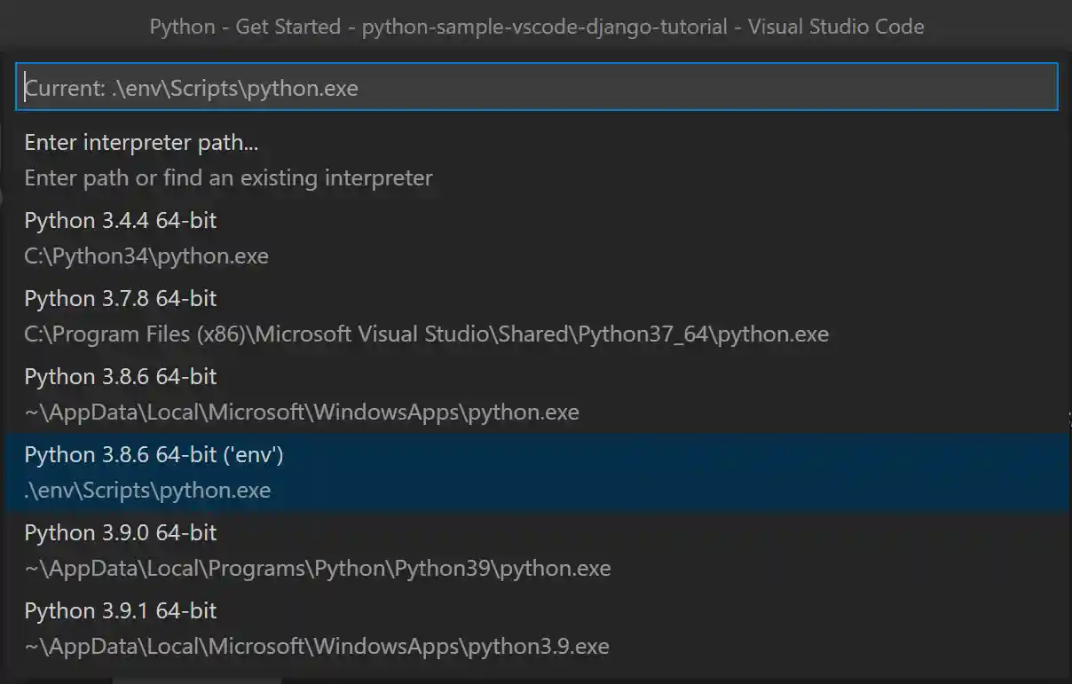 Flask tutorial: selecting the virtual environment for Python