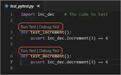 Test adornments that appear in the VS Code editor for pytest code