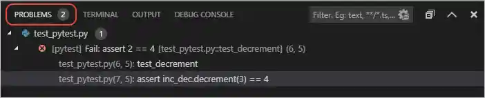 Test results for pytest in the Problems panel
