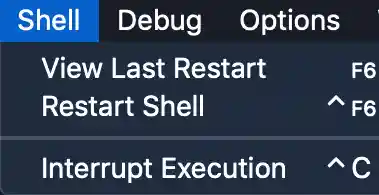 the menu bar for IDLE with the Shell menu brought up showing the options of view last restart, restart shell, and interrupt execution