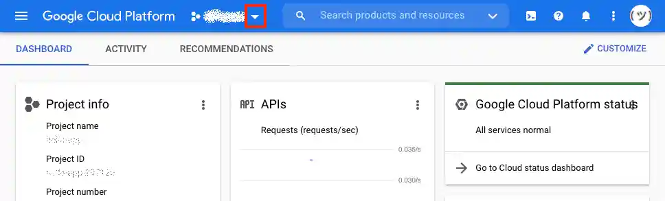 Dropdown for viewing all of your Google projects