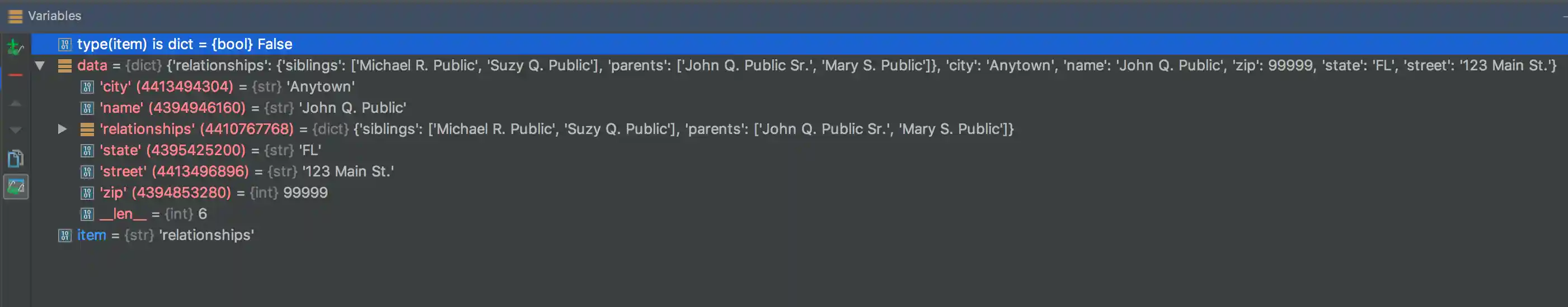 Python Debugger Screenshot: Watching Variables