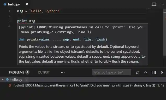 Linting messages in the editor and the Problems panel