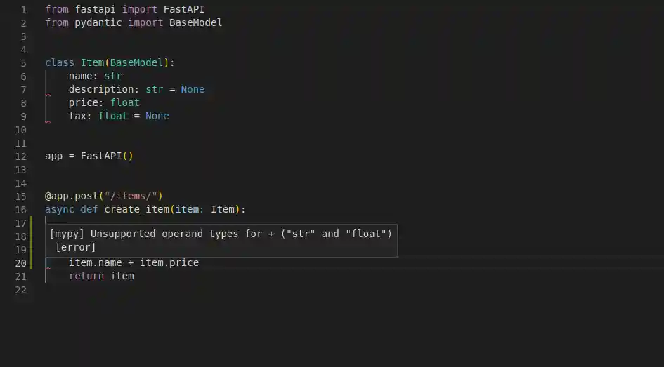 Editors provide error checks for pydantic models