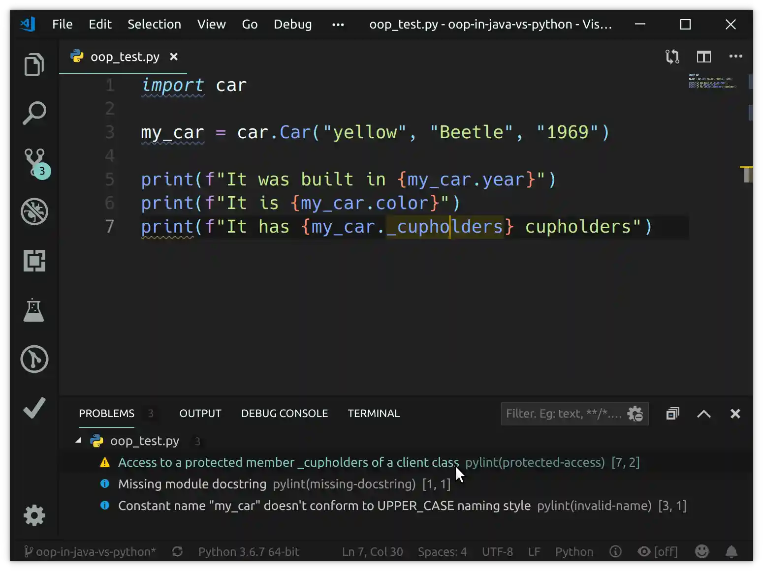 Linter highlighting a PEP8 issue in Python.