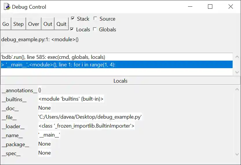 Image of IDLE's Debug window