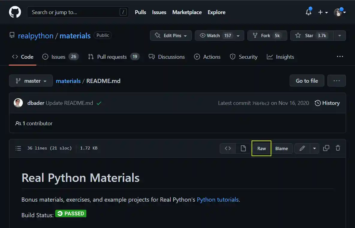 The "Raw" button on a GitHub file