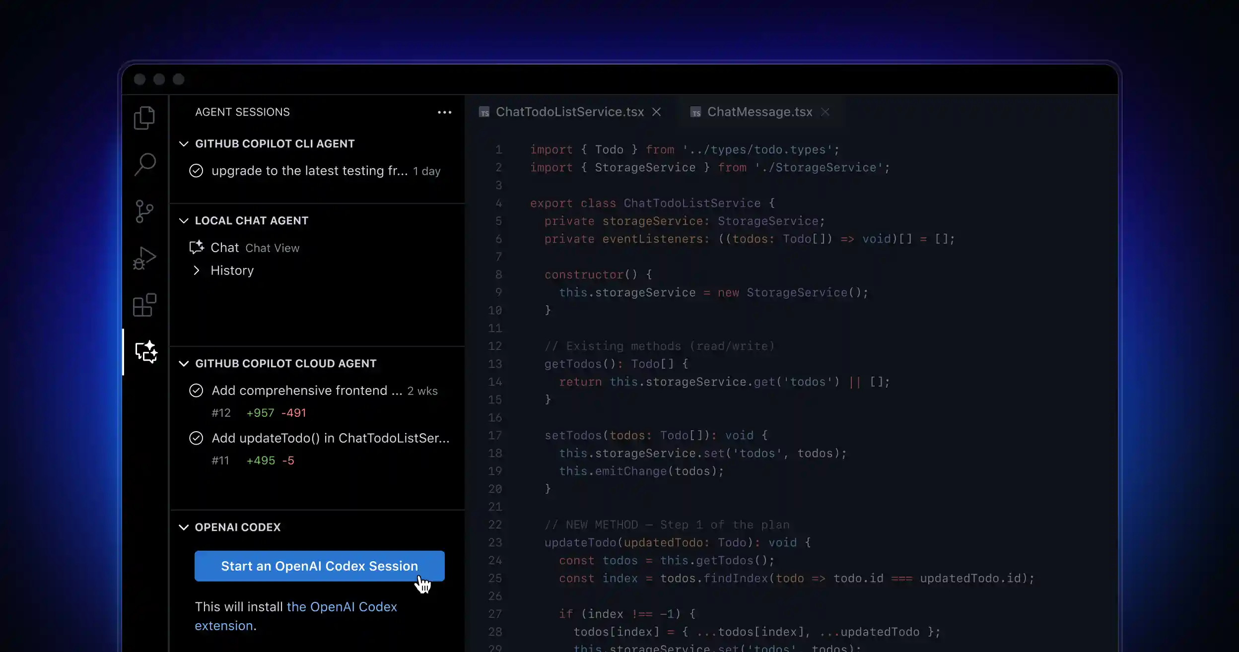 A VS Code window shows a sidebar with agent sessions. Under OpenAI Codex Agent, a button says "Start a coding session."