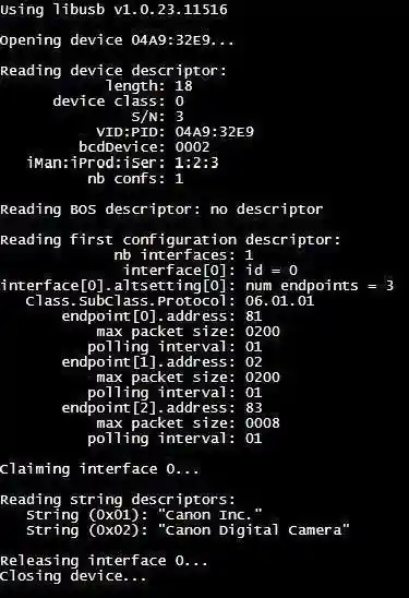 Screenshot of libusb
debug output on a web page, showing information about the connected Canon camera