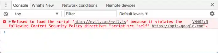 Console error: Refused to load the script 'http://evil.example.com/evil.js' because it violates the following Content Security Policy directive: script-src 'self' https://apis.google.com