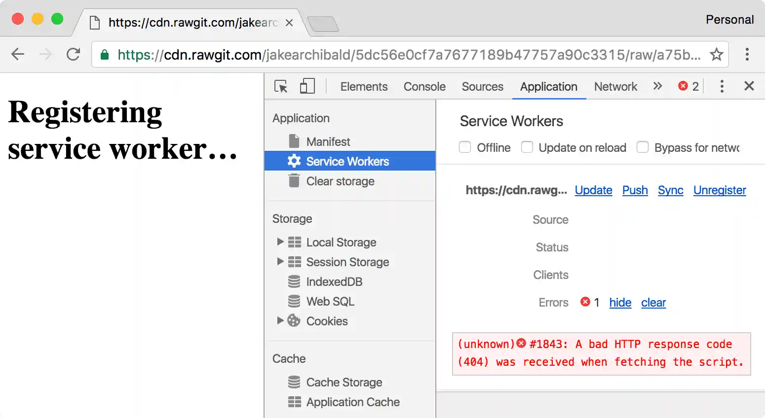 Error displayed in service worker DevTools tab