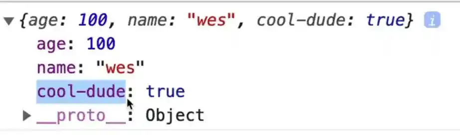 browser console output with person object new attribute cool-dude highlighted