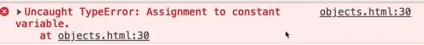 browser console output showing error when re-assigning new value to const variable