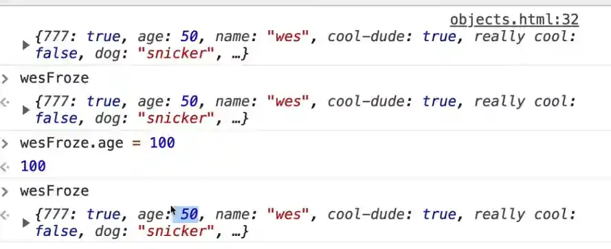 browser console output showing unmutated age attribute when invoking Object.freeze()